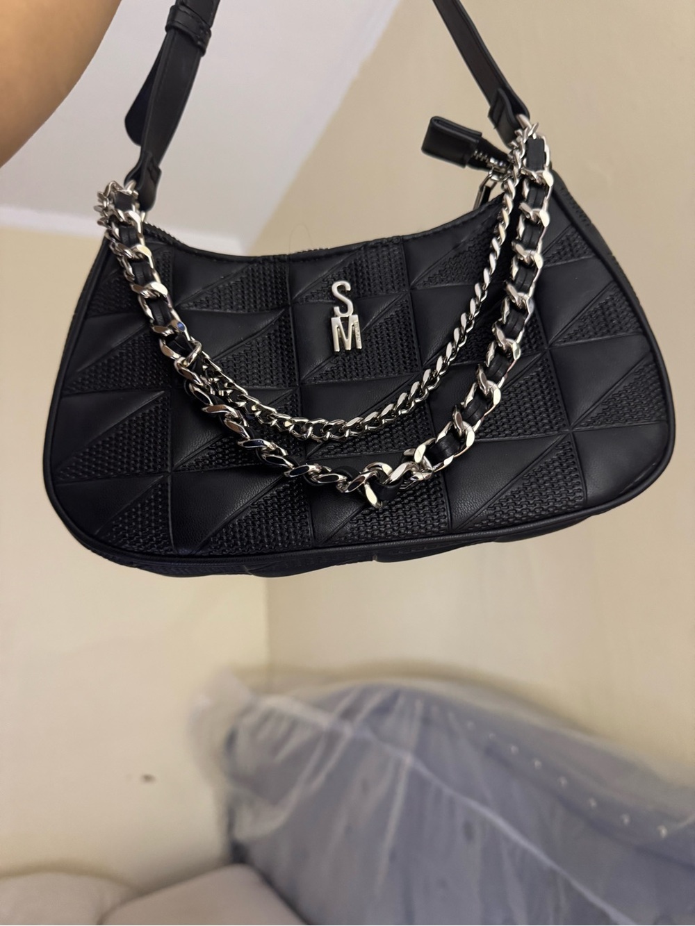 Quilted Chain-Trim Shoulder Bag in Black
